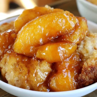 Delicious homemade Peach Cobbler with golden crust and juicy peach filling