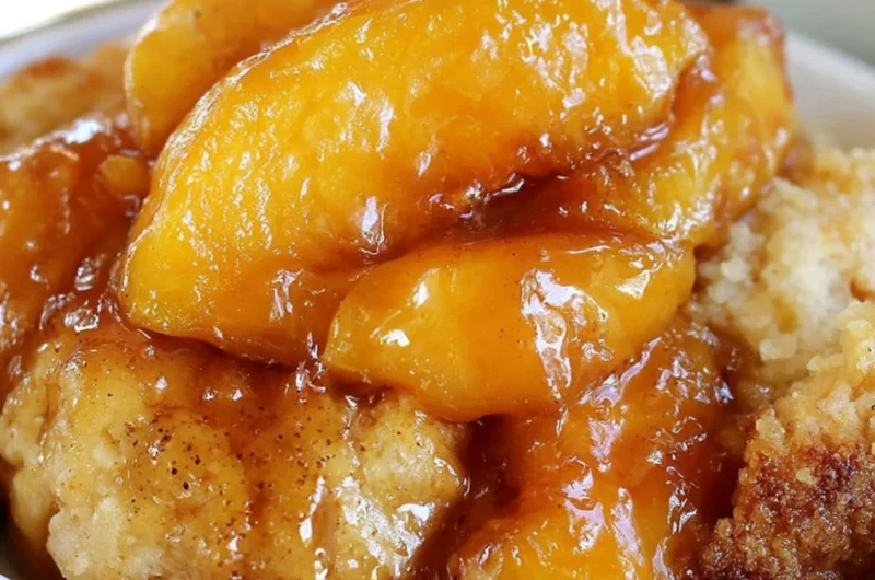 Delicious homemade Peach Cobbler with golden crust and juicy peach filling
