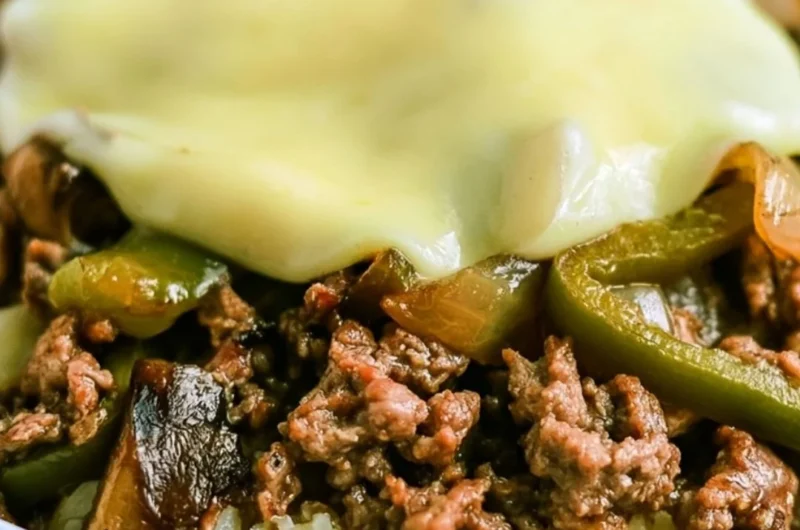 Philly cheesesteak bowl with peppers, onions, and cheese