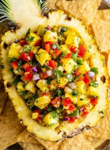Bowl of fresh pineapple salsa with cilantro, lime, and red onion.