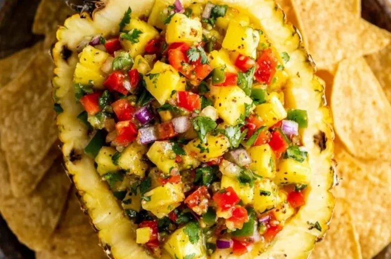 Bowl of fresh pineapple salsa with cilantro, lime, and red onion.