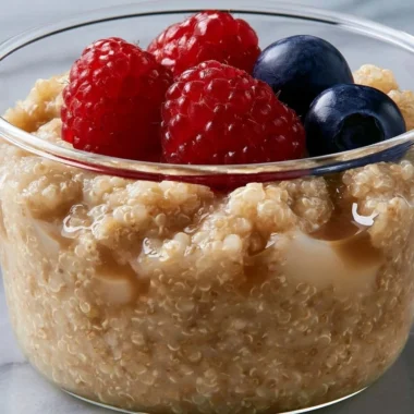 Delicious bowl of quinoa protein pudding topped with fresh fruit and nuts