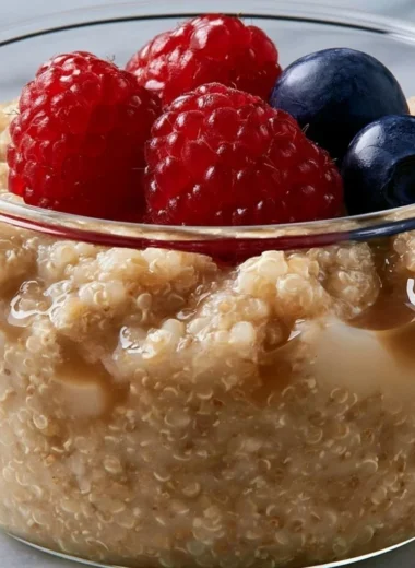 Delicious bowl of quinoa protein pudding topped with fresh fruit and nuts