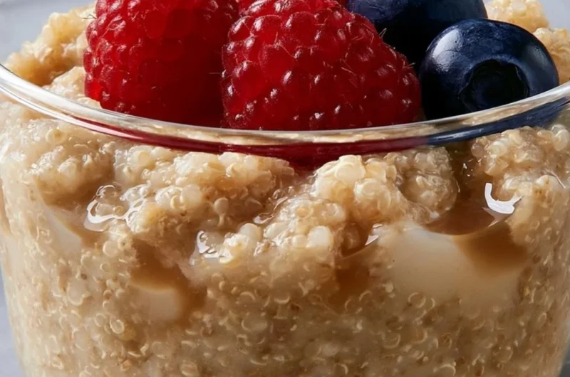 Delicious bowl of quinoa protein pudding topped with fresh fruit and nuts