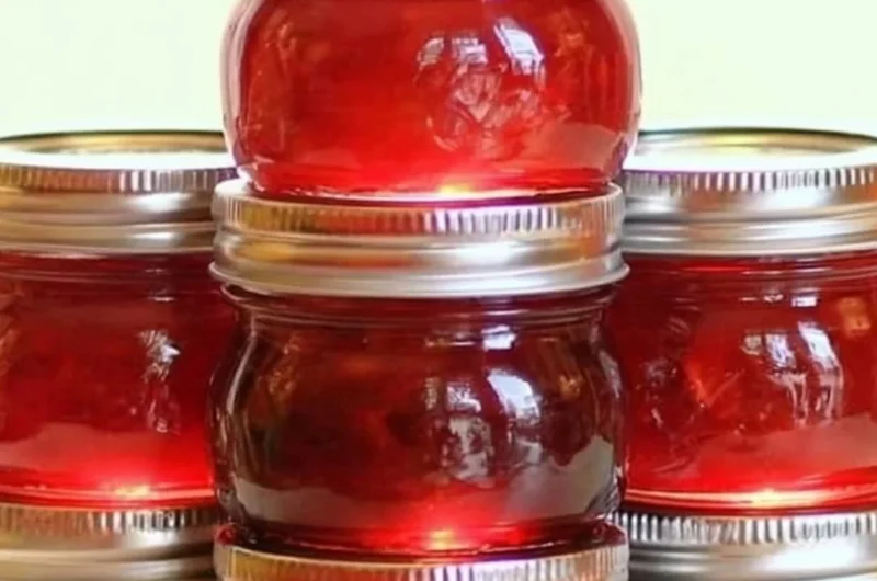 Jar of homemade rhubarb cinnamon jam on a wooden table with fresh rhubarb