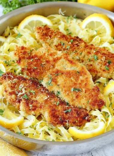 Plate of Romano Chicken served with Lemon Garlic Pasta