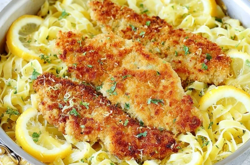 Plate of Romano Chicken served with Lemon Garlic Pasta