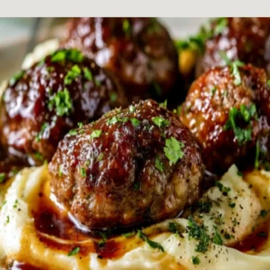 Salisbury steak meatballs with garlic herb mashed potatoes on a plate