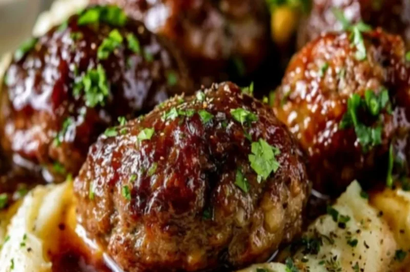 Salisbury steak meatballs with garlic herb mashed potatoes on a plate