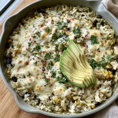 Salsa Verde Chicken and Rice Skillet served in a colorful bowl with garnishes.