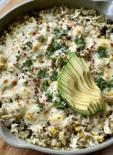 Salsa Verde Chicken and Rice Skillet served in a colorful bowl with garnishes.