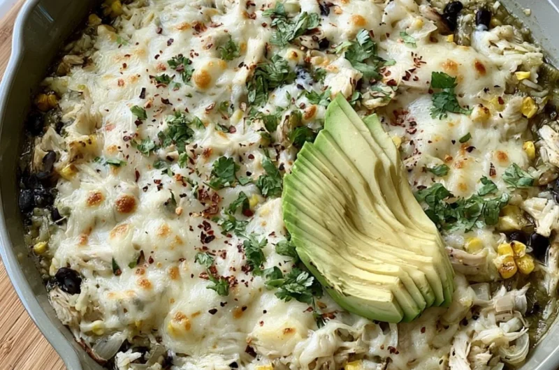 Salsa Verde Chicken and Rice Skillet served in a colorful bowl with garnishes.
