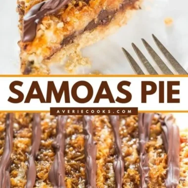 Samoa Pie topped with caramel, chocolate drizzle, and coconut flakes on a plate