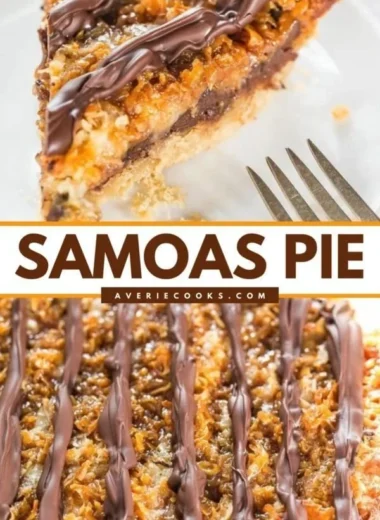 Samoa Pie topped with caramel, chocolate drizzle, and coconut flakes on a plate