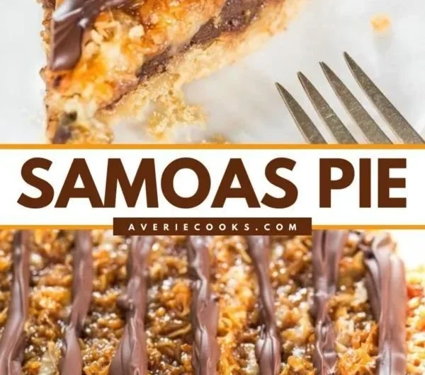 Samoa Pie topped with caramel, chocolate drizzle, and coconut flakes on a plate