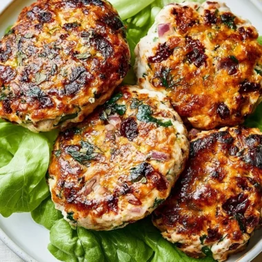 Savory Greek chicken burgers garnished with feta, olives, and fresh vegetables