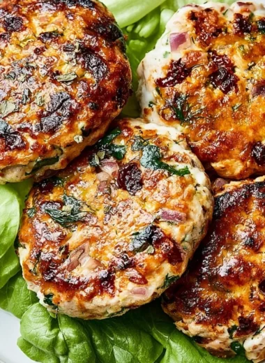 Savory Greek chicken burgers garnished with feta, olives, and fresh vegetables