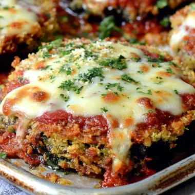 Sheet Pan Eggplant Parmesan with layers of cheese and sauce on a baking sheet