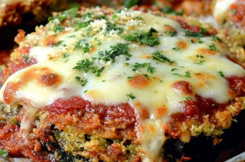 Sheet Pan Eggplant Parmesan with layers of cheese and sauce on a baking sheet