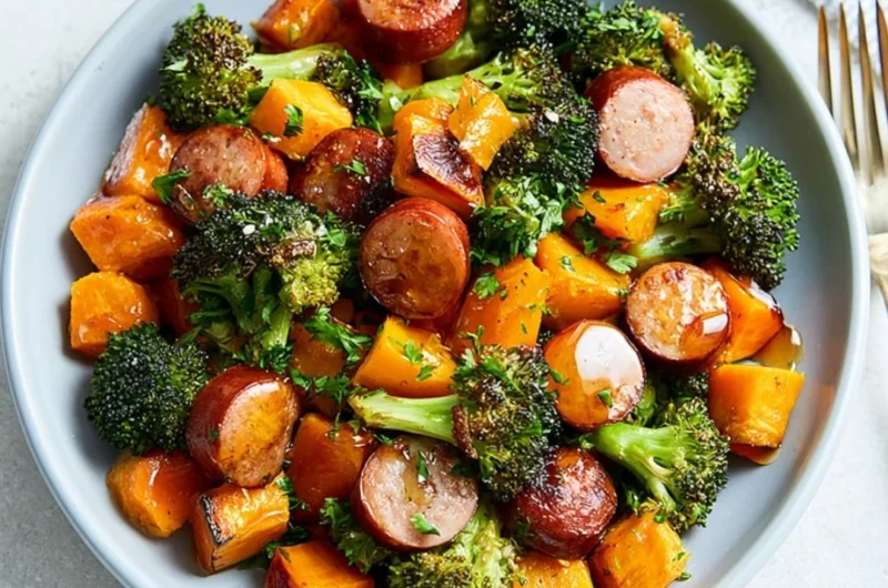 Sheet pan sausage with roasted sweet potatoes on a dining table