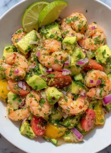 Fresh and colorful shrimp salad recipe featuring shrimp, vegetables, and dressing.