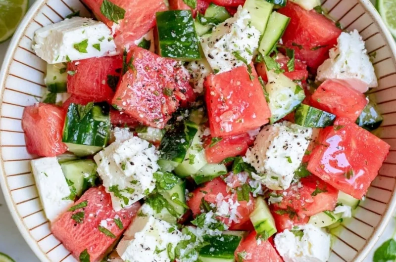 Refreshing watermelon cucumber salad with feta cheese in a bowl.