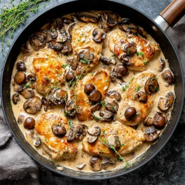 Skillet Chicken with Mushroom Wine Sauce plated with herbs and side veggies