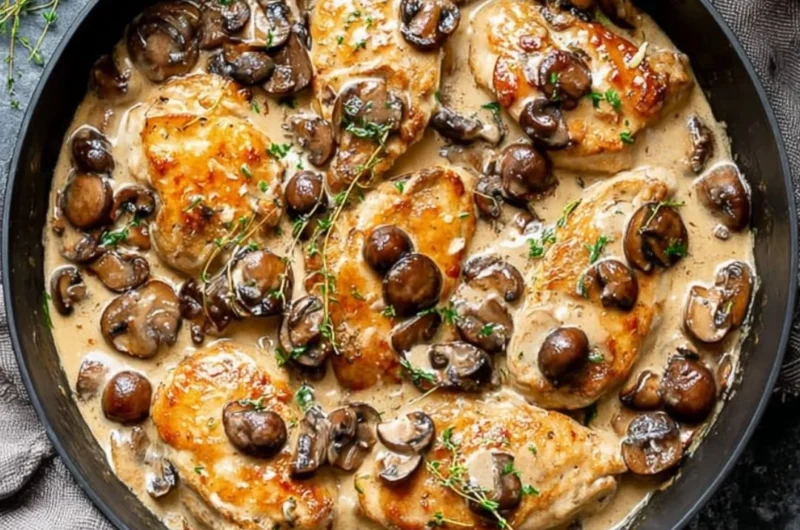 Skillet Chicken with Mushroom Wine Sauce plated with herbs and side veggies
