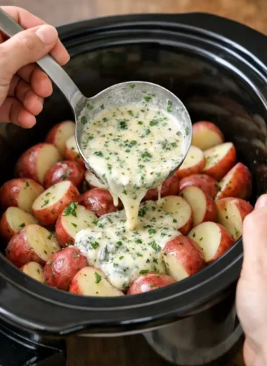 Slow Cooker Herb Ranch Potatoes served in a bowl with fresh herbs
