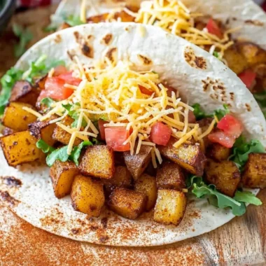 Delicious Spicy Potato Tacos on a plate garnished with fresh ingredients.