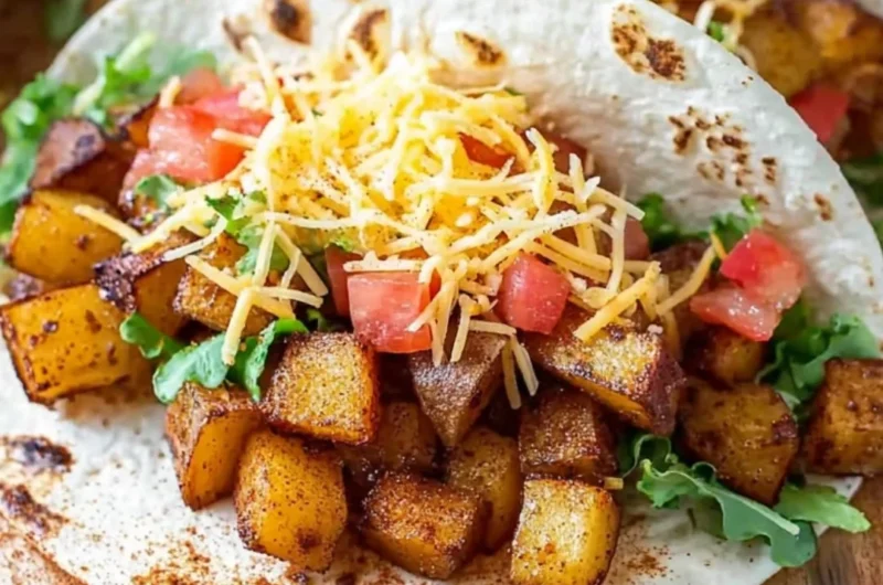 Delicious Spicy Potato Tacos on a plate garnished with fresh ingredients.