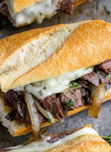 Delicious steak sandwiches with toppings and condiments on a wooden board.