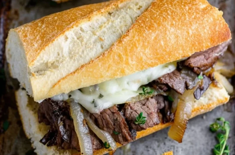 Delicious steak sandwiches with toppings and condiments on a wooden board.