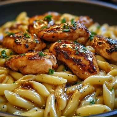 Plate of Sticky Smoky Garlic Butter Chicken Pasta garnished with herbs.