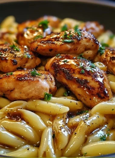 Plate of Sticky Smoky Garlic Butter Chicken Pasta garnished with herbs.
