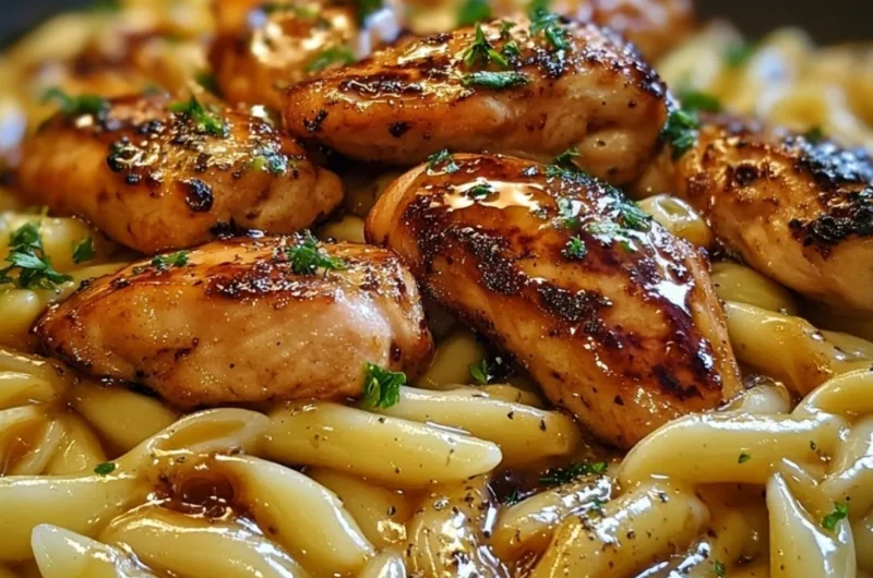 Plate of Sticky Smoky Garlic Butter Chicken Pasta garnished with herbs.