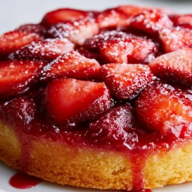 Delicious Strawberry Upside Down Cake with fresh strawberries and caramel glaze