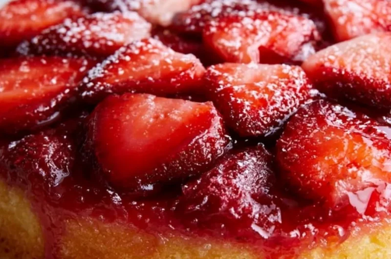 Delicious Strawberry Upside Down Cake with fresh strawberries and caramel glaze