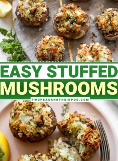 Deliciously baked stuffed mushrooms with cheese and herbs.