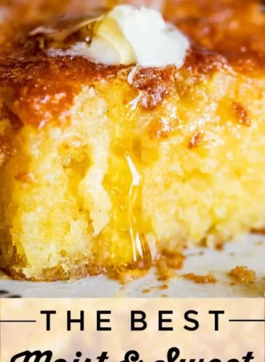 Deliciously sweet and moist honey cornbread served on a rustic wooden table