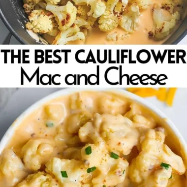 Creamy cauliflower mac and cheese served in a white bowl with herbs on top.