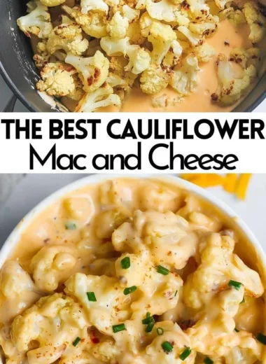Creamy cauliflower mac and cheese served in a white bowl with herbs on top.