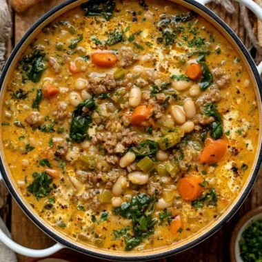 Bowl of delicious Tuscan white bean soup garnished with fresh herbs