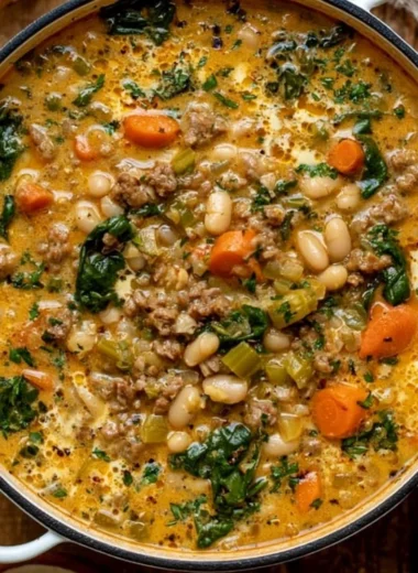 Bowl of delicious Tuscan white bean soup garnished with fresh herbs
