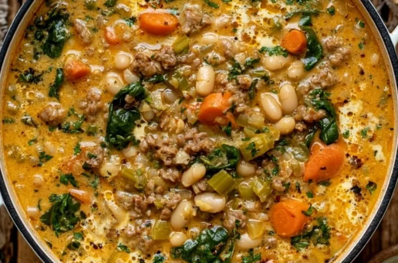 Bowl of delicious Tuscan white bean soup garnished with fresh herbs