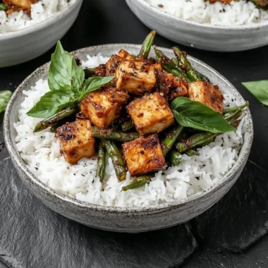 Vegan black pepper tofu stir fry with vibrant vegetables in a skillet.