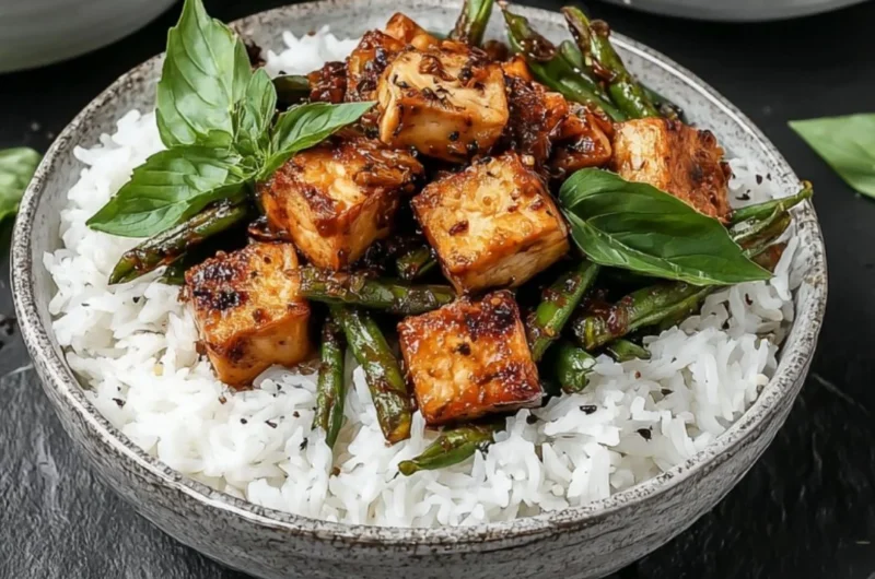 Vegan black pepper tofu stir fry with vibrant vegetables in a skillet.