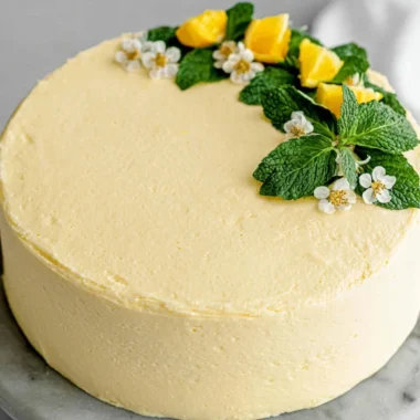 Vegan lemon cake topped with lemon cream cheese frosting on a plate