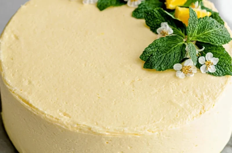 Vegan lemon cake topped with lemon cream cheese frosting on a plate
