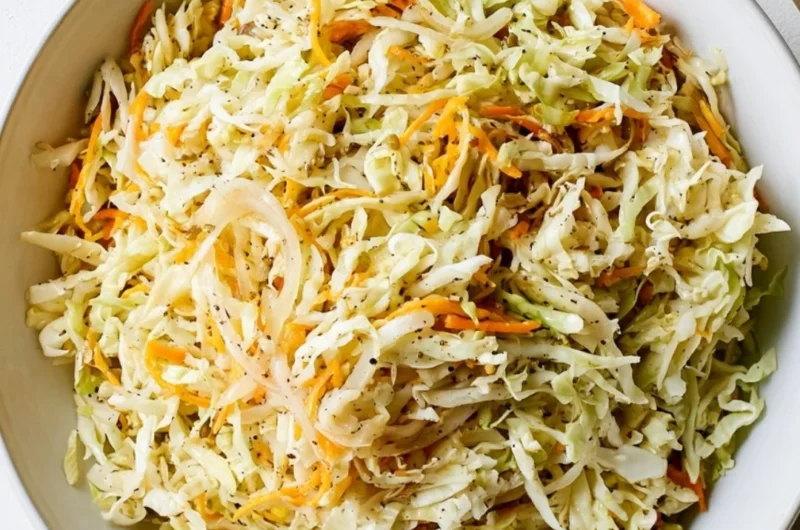 Bowl of vibrant vinegar coleslaw with colorful cabbage and carrots